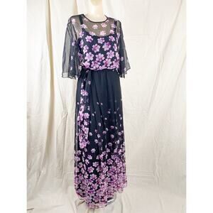 Vintage 70s Flutter Sleeve Prom Party Floral Sheer Black Purple Maxi Dress